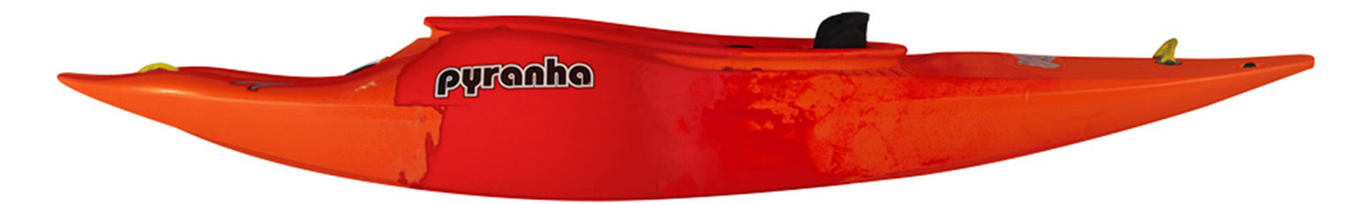 The Pyranha Loki downriver play boat, in bold red and orange, glides smoothly for cartwheels or rapids. Its sleek profile is striking against a white background, showcasing its dynamic design.