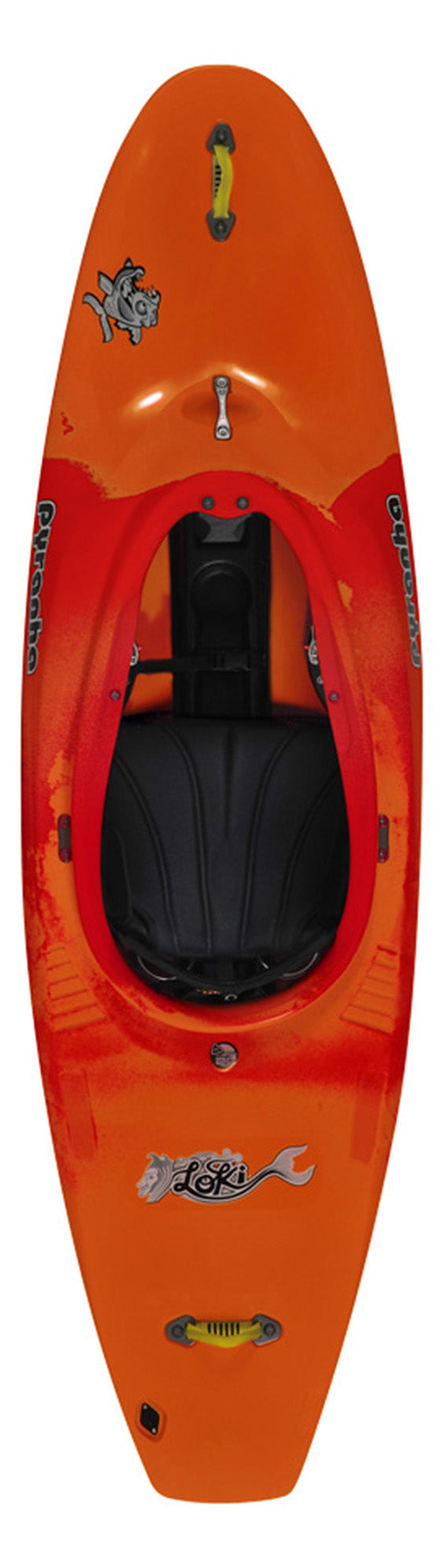 The Pyranha Loki, an orange kayak with red accents and black seating, is perfect for downriver play. It includes various stickers and a front handle, ideal for vertical moves.