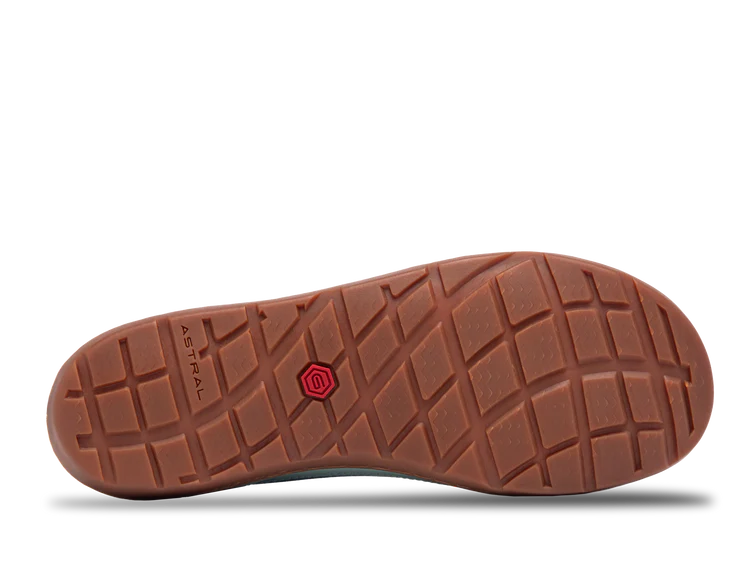 The image displays the brown sole of a men's Astral Loyak AC shoe with a geometric tread pattern made from durable G-Rubber. A small red hexagon is centered, and the name "Astral" is visible on the side.