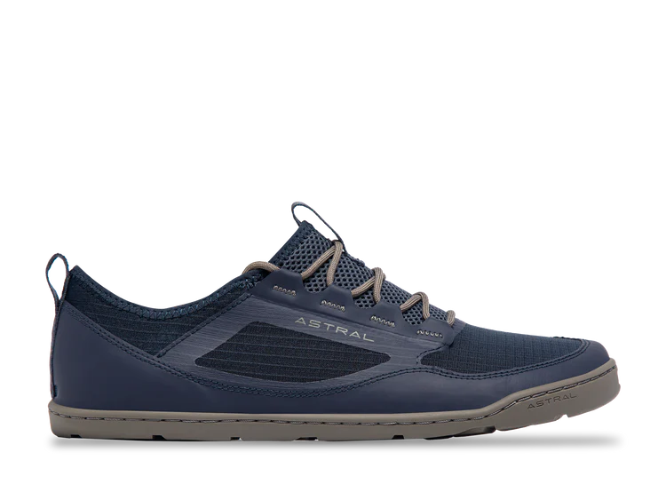 The Astral Loyak AC Men's sneaker in navy blue features ultra-fine ripstop mesh, gray accents, a white "ASTRAL" logo on the side, sticky G-Rubber outsoles, and a gray sole, shown in profile.