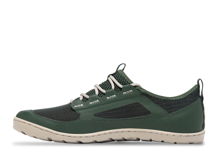 The Astral Loyak AC - Men's is a green casual shoe featuring white laces, Ripstop mesh panels, and a white sole with Flex-Grip technology, shown in a side view against a plain background.