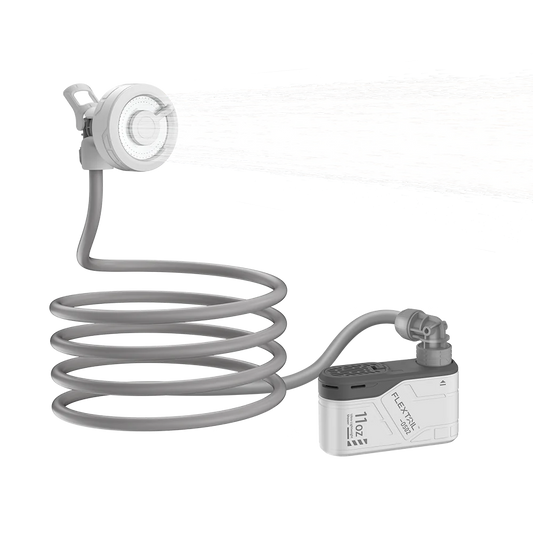 The MAX Shower by Flextail features a coiled water hose connected to a spray nozzle and a water control unit, releasing a stream of water from an ultra-portable shower—perfect for outdoor adventures.