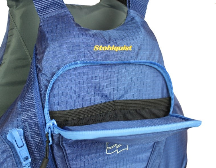 Close-up of a blue Edge Youth PFD by Stohlquist, featuring a front zippered pocket ideal for whitewater kayakers.