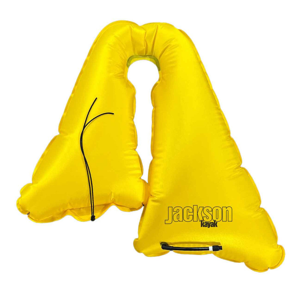 The Creek Float by Jackson Kayak is a bright yellow kayak float bag featuring a centralized hole and black drawstrings for secure attachment. Constructed with durable urethane, it is ideal for enhancing safety in creek boats.