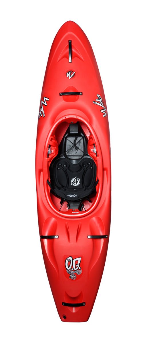 A top-down view of the OG kayak by Waka, designed for a single person and featuring a red exterior with a black seat and footrests. Adorned with the brand's logos and designs, this kayak boasts a maneuverable wider design perfect for agile paddling.