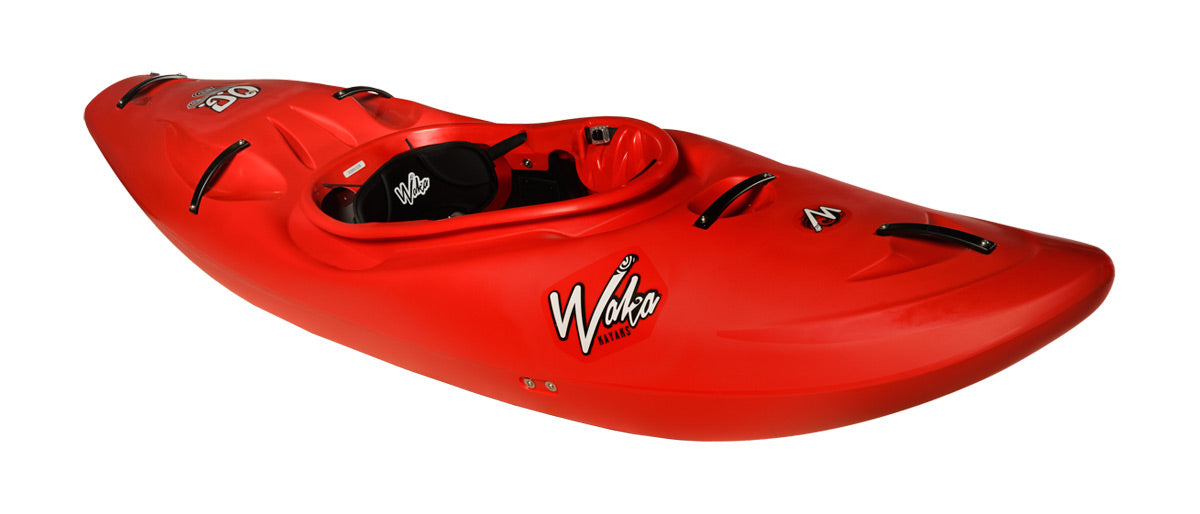 The Waka OG kayak, in red, comes with a cockpit, seat, and footrests. Designed for whitewater use, its wider design enhances stability and maneuverability, proudly displaying the Waka logo on the side.