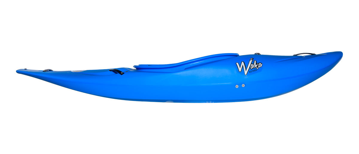 Image of a blue whitewater kayak with the brand name "Waka" displayed on the side. The Puffy Steeze kayak is known for its streamlined design and features a closed cockpit.