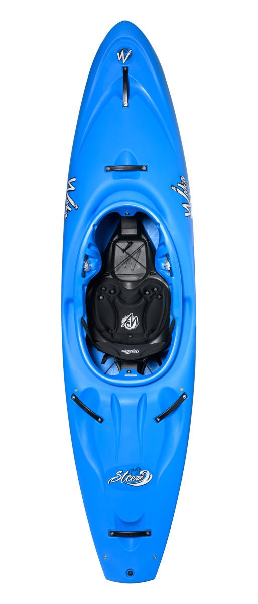 Top view of a blue Waka Puffy Steeze kayak with black seat padding and footrests, featuring branding and model graphics designed for whitewater adventures.