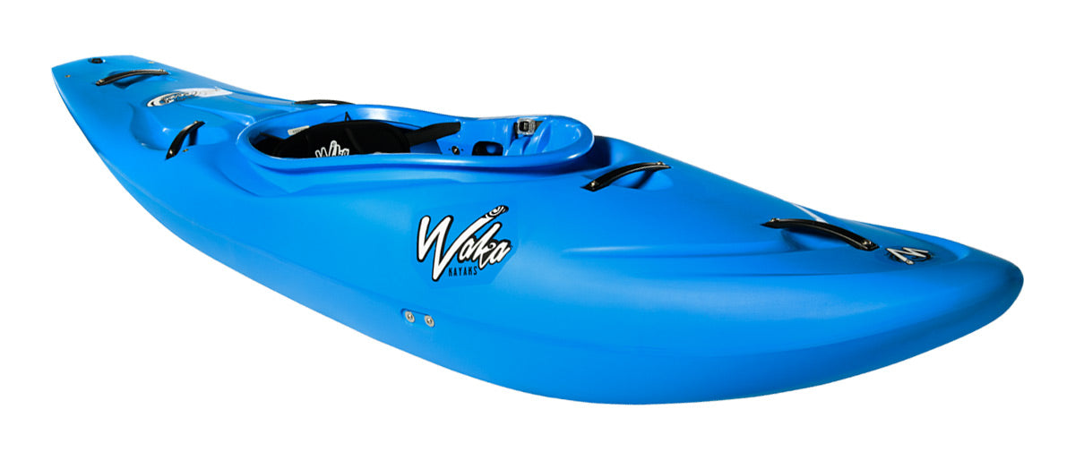 A sleek Waka kayak in blue with black handles and the Puffy Steeze style, perfect for whitewater kayaking.