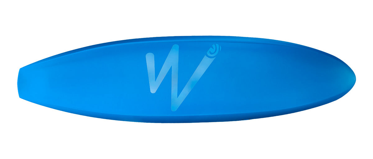 A surfboard from Waka's 'Puffy Steeze' collection, featuring a striking blue design with a central white "W" logo that's sure to catch eyes on the waves.