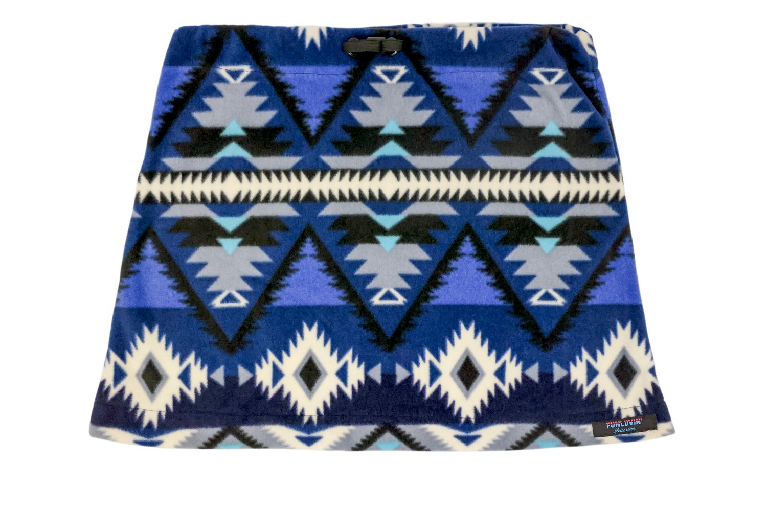 The FunLuvin' Fleece Skirt by FunLuvin' Fleecewear is a blue and white skirt showcasing a geometric pattern with black and turquoise accents, equipped with a comfortable elastic waistband for easy wearing.