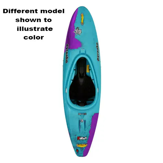 The Pyranha Loki kayak, showcasing its seat and foot area in blue and purple, is perfect for downriver play and vertical moves. Text on the side says, "Different model shown to illustrate color.