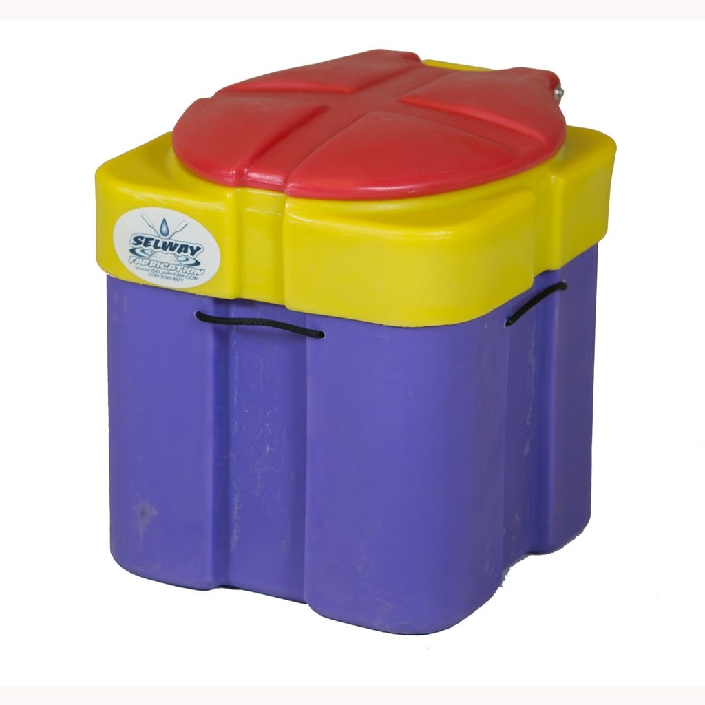 Durable colorful plastic container with a yellow and red lid, labeled "Selway River Bank II," featuring parts ideal for Selway toilet systems by Down River Equipment.