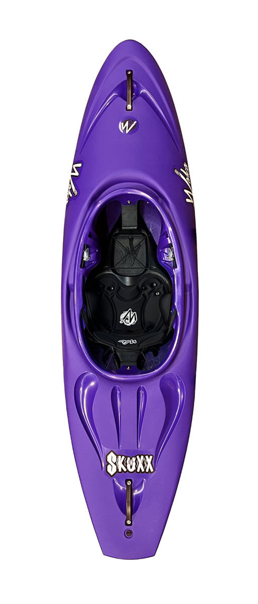 Top view of the versatile Waka Kayaks Skuxx Deluxe in striking purple, highlighting its seat and footrests, perfect for down river freestyle adventures.