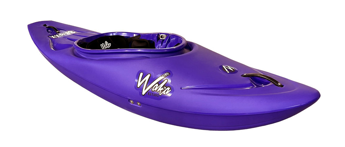 A sleek, purple Skuxx Deluxe kayak by Waka Kayaks sits against a white background, perfect for down river freestyle enthusiasts.