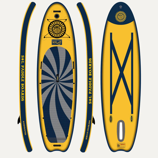 The GalaXy SOLrey paddleboard by SOL, shown in yellow and blue from multiple angles, features the brand's logo, a spiral graphic, and "SOL Paddle Boards" text along the sides. This model is equipped with the innovative Switchblade Retractable Fin System for enhanced performance.