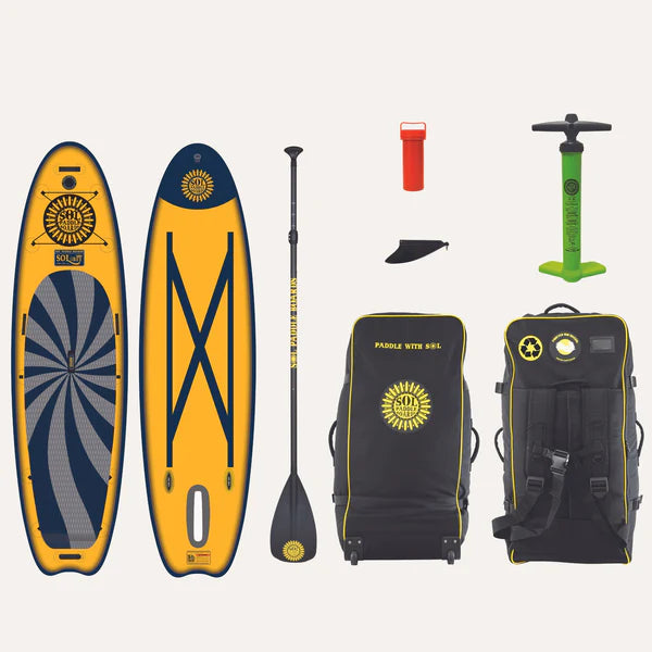 A yellow GalaXy SOLrey paddleboard set by SOL, featuring the Switchblade Retractable Fin System, paddle, pump, repair kit, and backpack. All items are laid out on a neutral background, perfect for your next expedition paddling adventure.