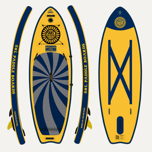 Three views of the best river SUP, a yellow and blue paddleboard labeled "SOL GalaXy SOLrivershine": side profile, top, and bottom. The top features a sunburst logo and deck pad; the bottom boasts the GalaXy SOLrivershine with Switchblade Retractable Fin System.