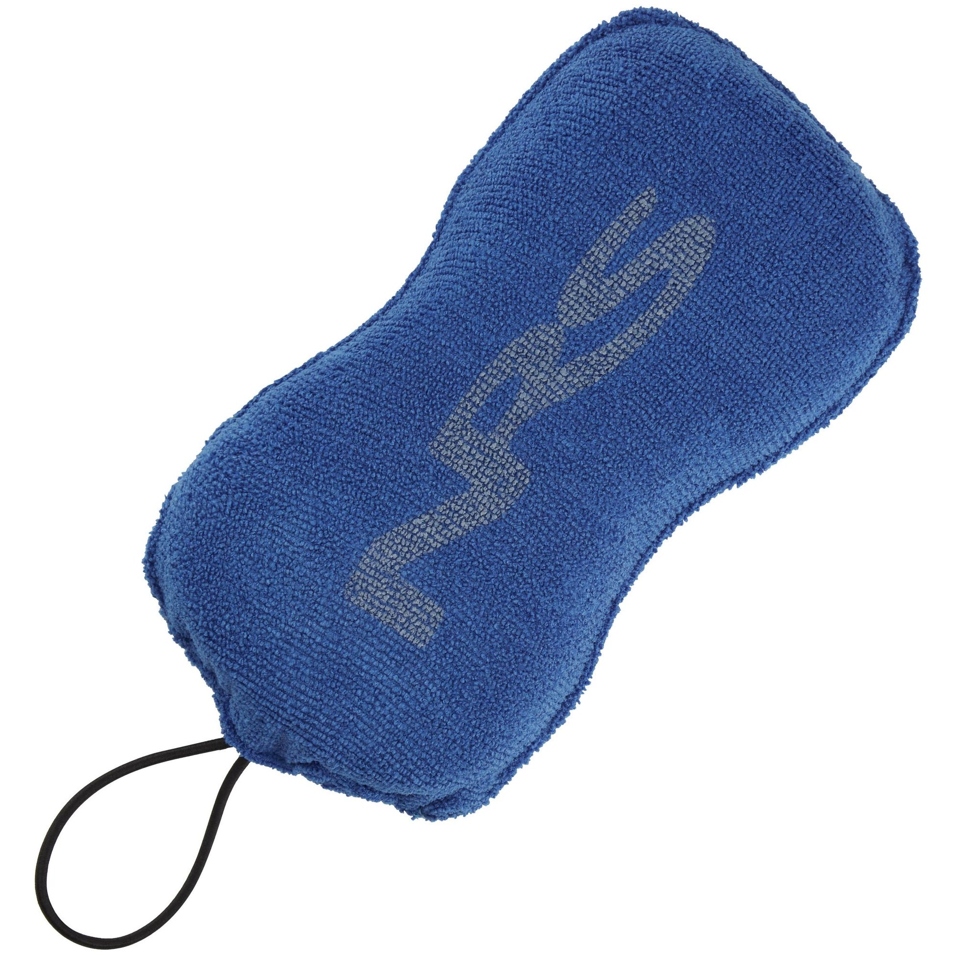 A rectangular blue microfiber Deluxe Boat Sponge from NRS with a black elastic strap attached to one end and the letters "NRS" printed in white on its surface, perfect for moisture absorption on your boat or kayak spray skirt.