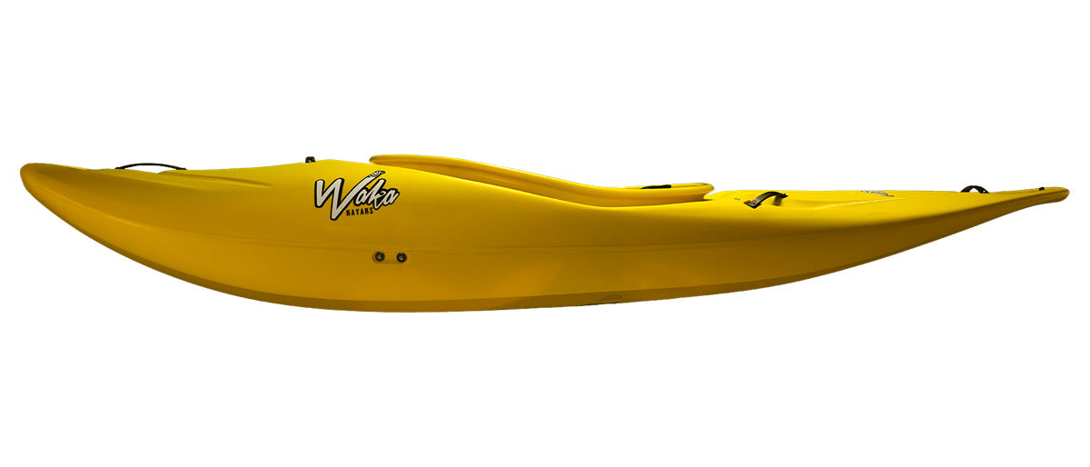 A yellow Waka Steeze kayak, perfect for white water adventures, is shown in a side view on a white background.