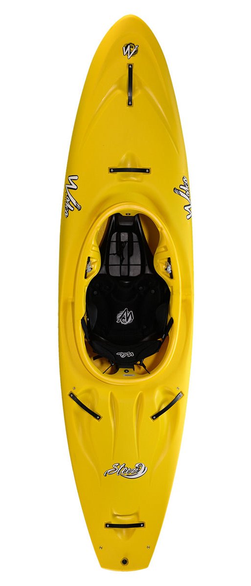 A bright yellow Waka Steeze creek boat with a black seat and foot braces, viewed from above. The kayak paddler's vessel boasts Waka brand logos and paddle holders on the sides.