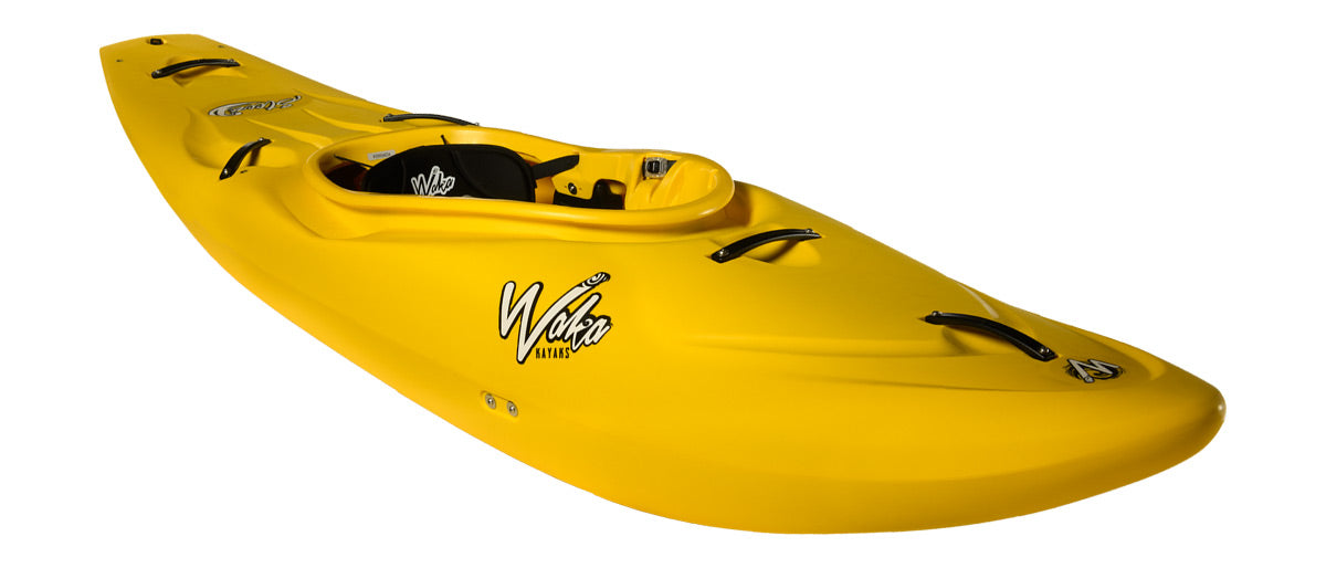 A yellow Waka Steeze kayak with a single seat, paddle holders, and the "Wave Sports" logo on the side and back, perfect for white water adventures.