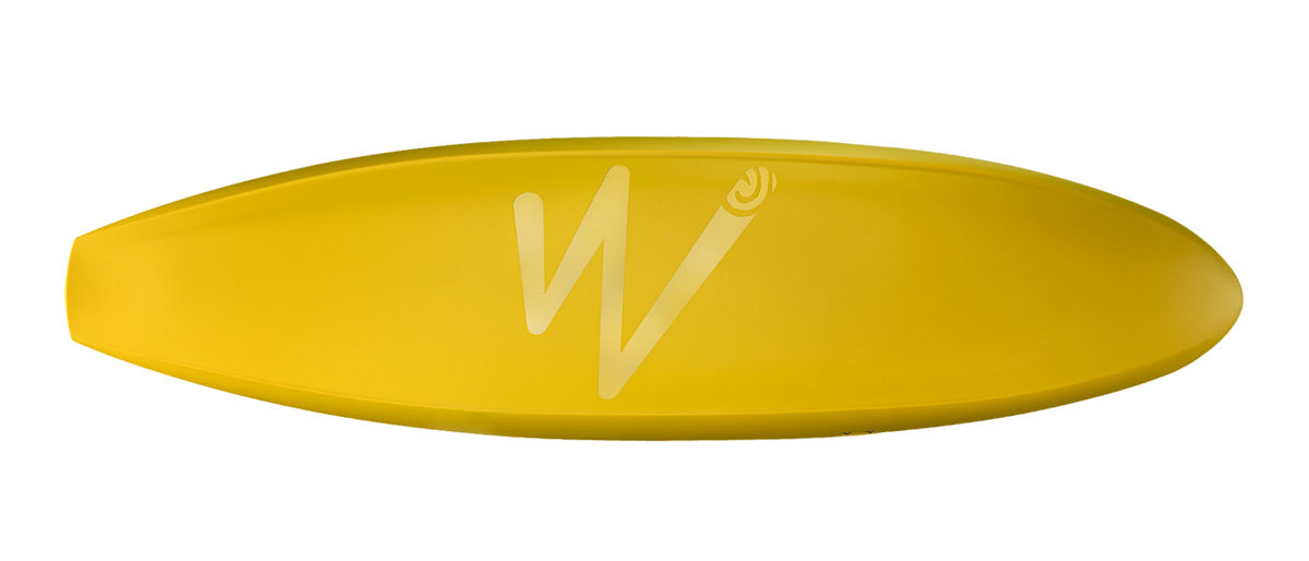 A Steeze surfboard from Waka, featuring a yellow design with a "W" logo in the center, is viewed from above on a white background, evoking the equipment favored by white water enthusiasts.