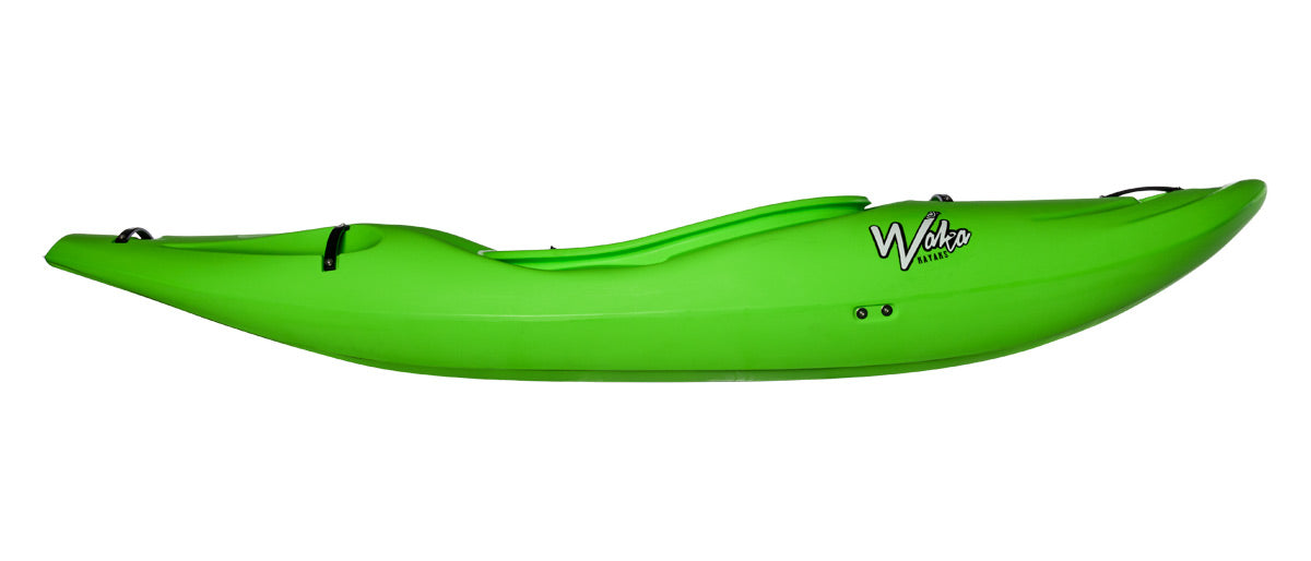 A bright green kayak with a Steeze design, labeled "Stoke" by Waka on the side.