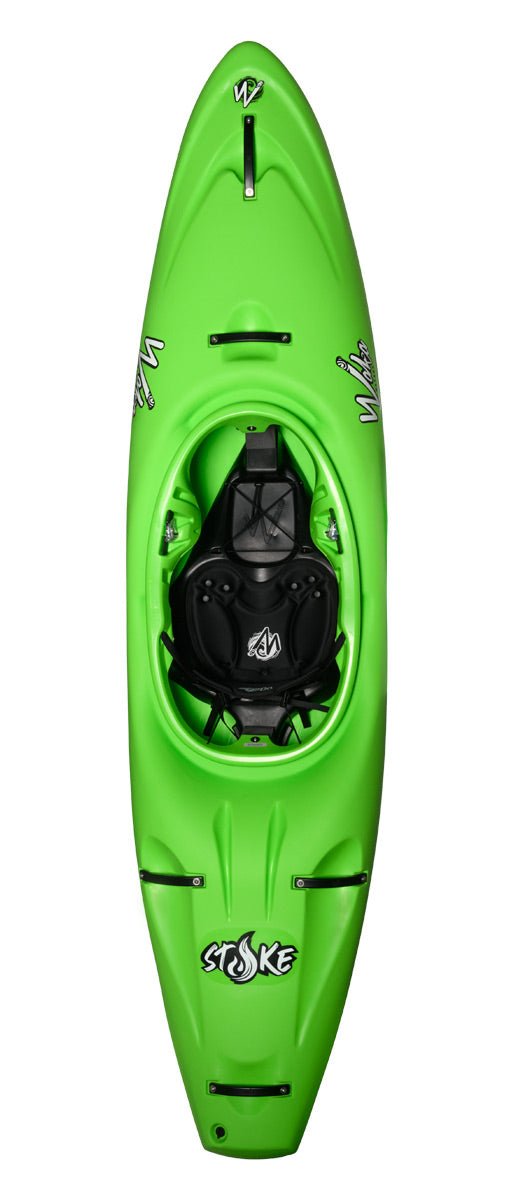 The Stoke kayak by Waka Kayaks features a bright green color with black seat and foot rests. With "Stoke" and "W" branding, this creek boat has a streamlined design viewed from above, offering adjustable outfitting for improved comfort and precision on the water.