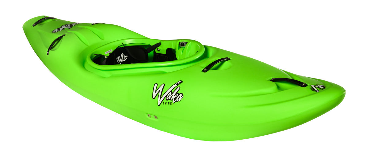 Bright green Waka Stoke kayak with a Steeze design and multiple handle grips, featuring an open cockpit.