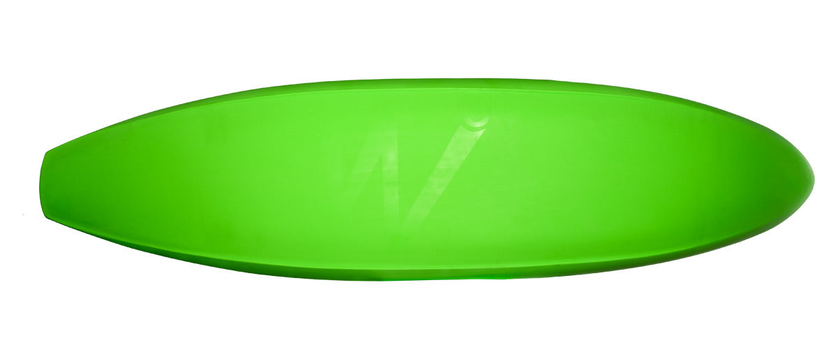 A single Waka Stoke surfboard with a glossy green finish, viewed from above, featuring a touch of steeze design.