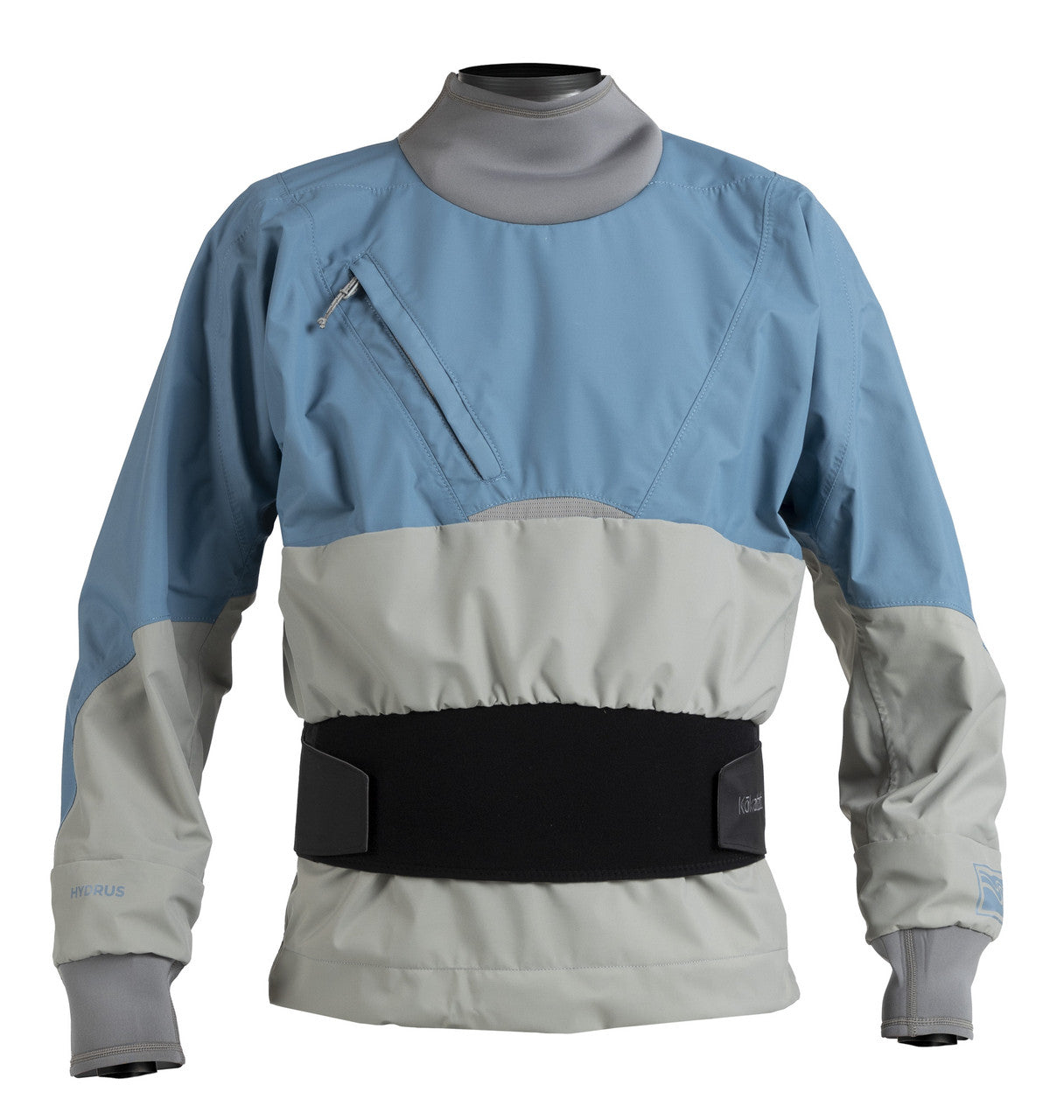 Kokatat's Stoke Dry Top for men features a blue and gray waterproof jacket, high collar, elastic waistband, and Hydrus 3.0 breathable fabric for ultimate comfort.