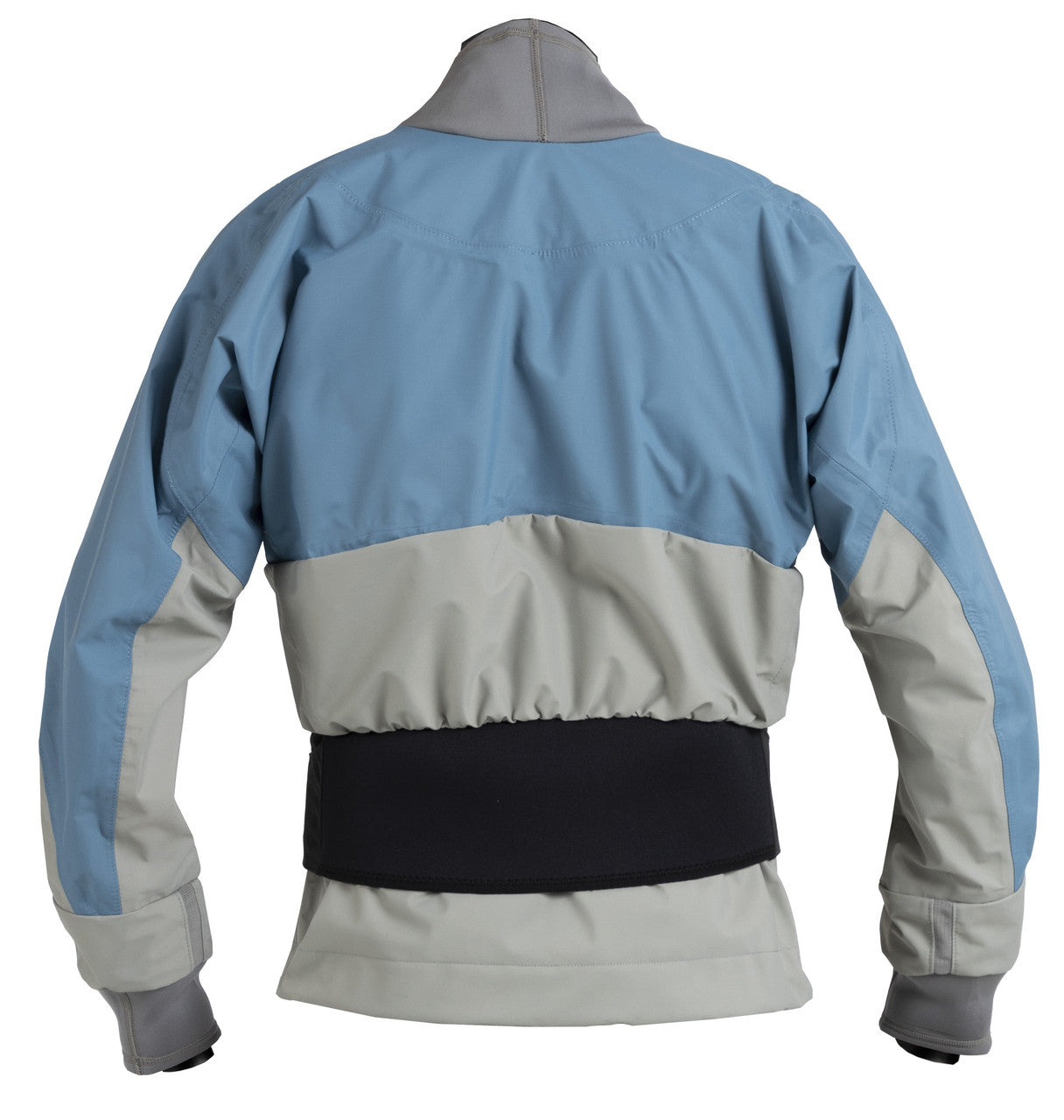 The Stoke Dry Top (Hydrus 3.0) - Men's by Kokatat features a blue and gray waterproof design, long sleeves, and a black waistband, offering superior breathability—ideal for adventurous outings and comparable to the quality of Kokatat Hydrus 3L dry tops.