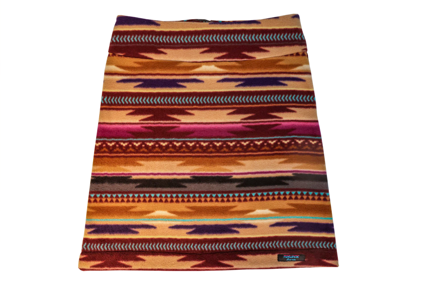 The FunLuvin' Fleecewear's FunLuvin' Fleece Skirt, showcasing a multicolored geometric pattern with hues of brown, red, orange, and purple, is displayed flat on a white background.