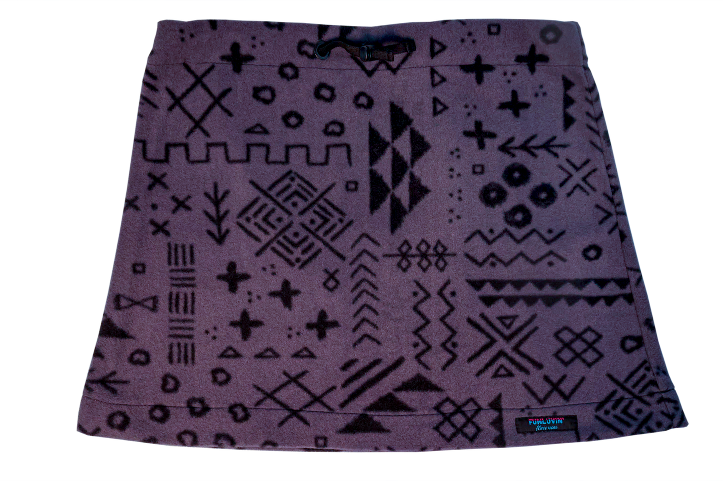 The FunLuvin' Fleece Skirt by FunLuvin' Fleecewear is a purple skirt adorned with various geometric and abstract patterns against a white background, designed with a comfortable elastic waistband for easy wear.