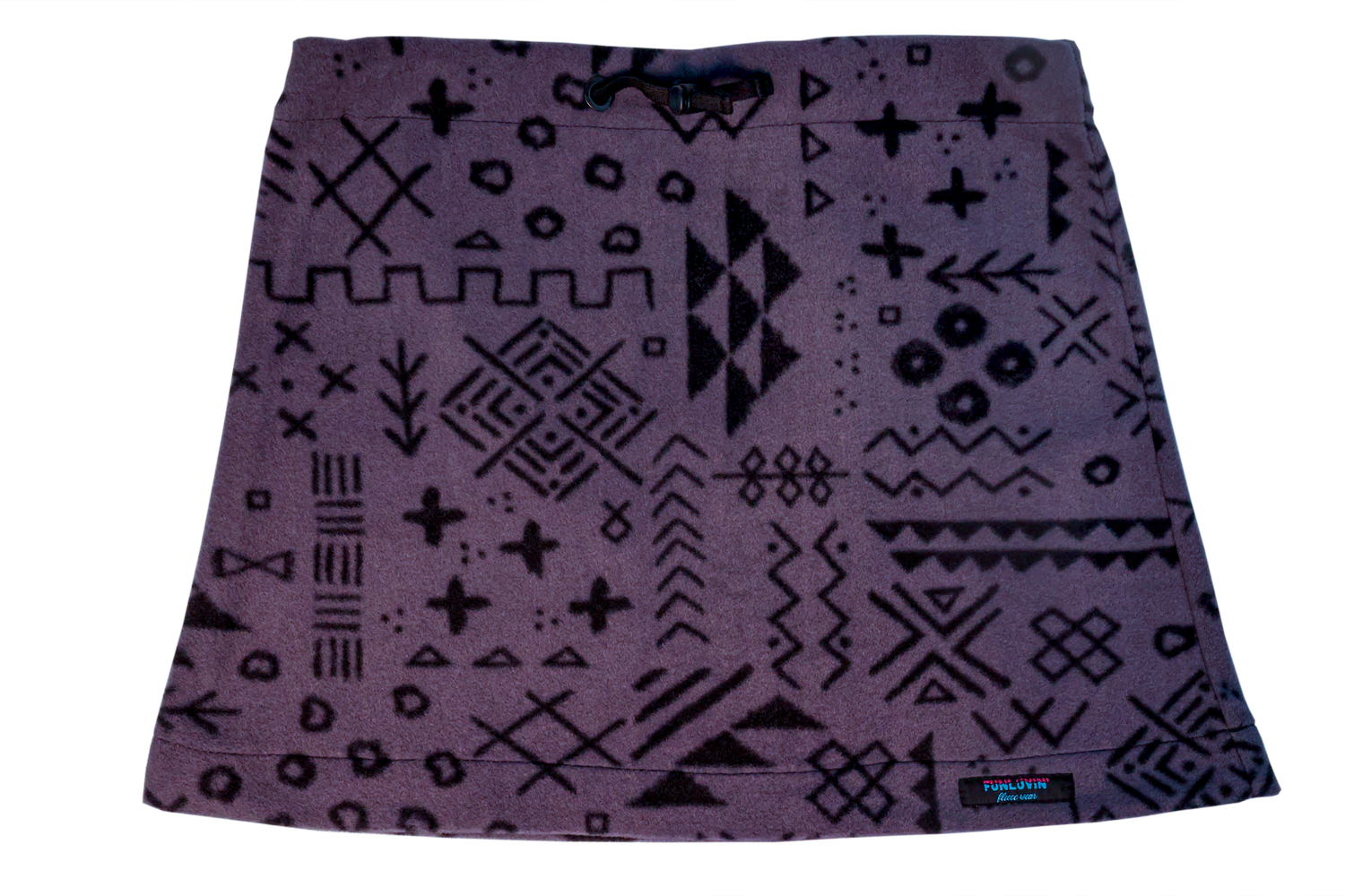 The FunLuvin' Fleece Skirt by FunLuvin' Fleecewear is a purple skirt adorned with various geometric and abstract patterns against a white background, designed with a comfortable elastic waistband for easy wear.