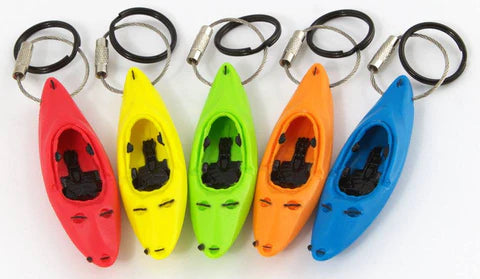 Five vibrant Whitewater Keyak Key Chains with metal loops from Kingdom Outdoor Products, lined up together.