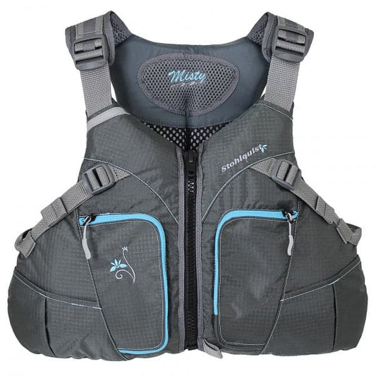 Featuring the Used Misty PFD used paddle gear, used pfd, used skirt manufactured by Stohlquist shown here from one angle.