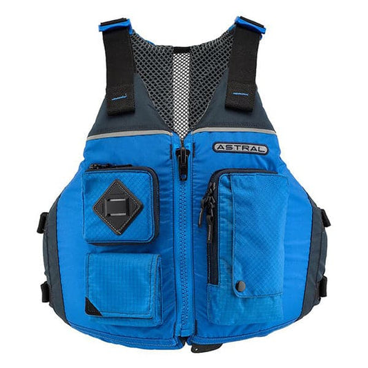 a blue life jacket with a black and grey logo.