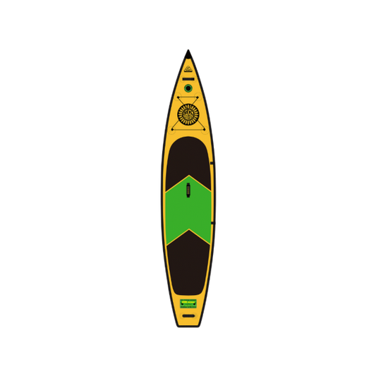 Top view of the SOLsonic Carbon GalaXy by SOL Paddle Boards, a yellow and green inflatable SUP paddleboard featuring a sun design near the front, a center handle, and carbon-reinforced construction for racing enthusiasts.