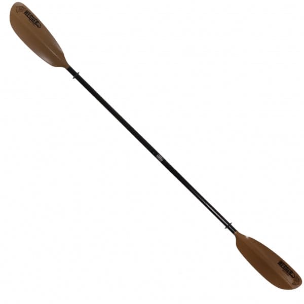 The Werner Paddles Skagit Hooked is a brown and black kayak paddle with two blades, a fiberglass shaft, and an adjustable ferrule system, shown on a white background.