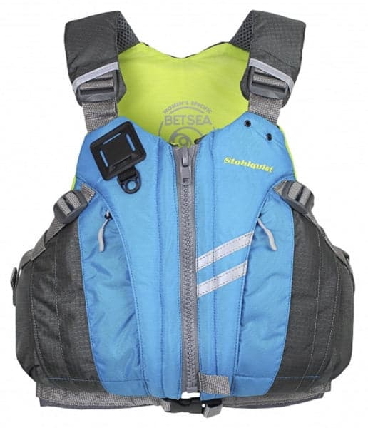 A blue and gray flotation vest with a yellow back panel, adjustable straps, a small buckle at the front, and multiple pockets, perfect for local-pickup customers. This Stohlquist Demo BetSea PFD ensures both functionality and style on the water.