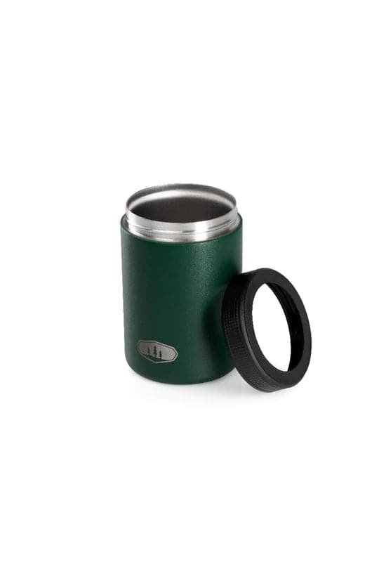 The GSI Outdoors Standard Can Cozy is BPA-free with double-wall insulation and a screw-on black lid, featuring a small tree emblem in green.