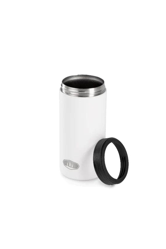 A GSI Outdoors Standard Can Cozy, BPA-free in white, with an insulated design and a black screw-on lid beside it.